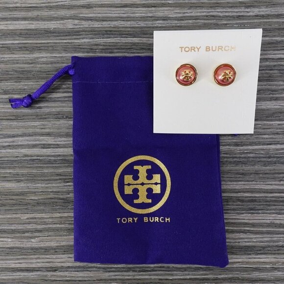 Tory Burch Melodie Pearl Logo Stud Dome Earrings Peach Pink/Tory Gold OS - Picture 9 of 12